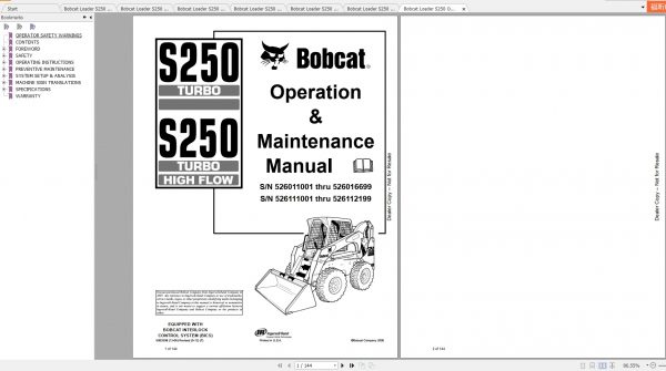 Bobcat Skid Steer Loader S250 Operaton Maintenance Manuals 1