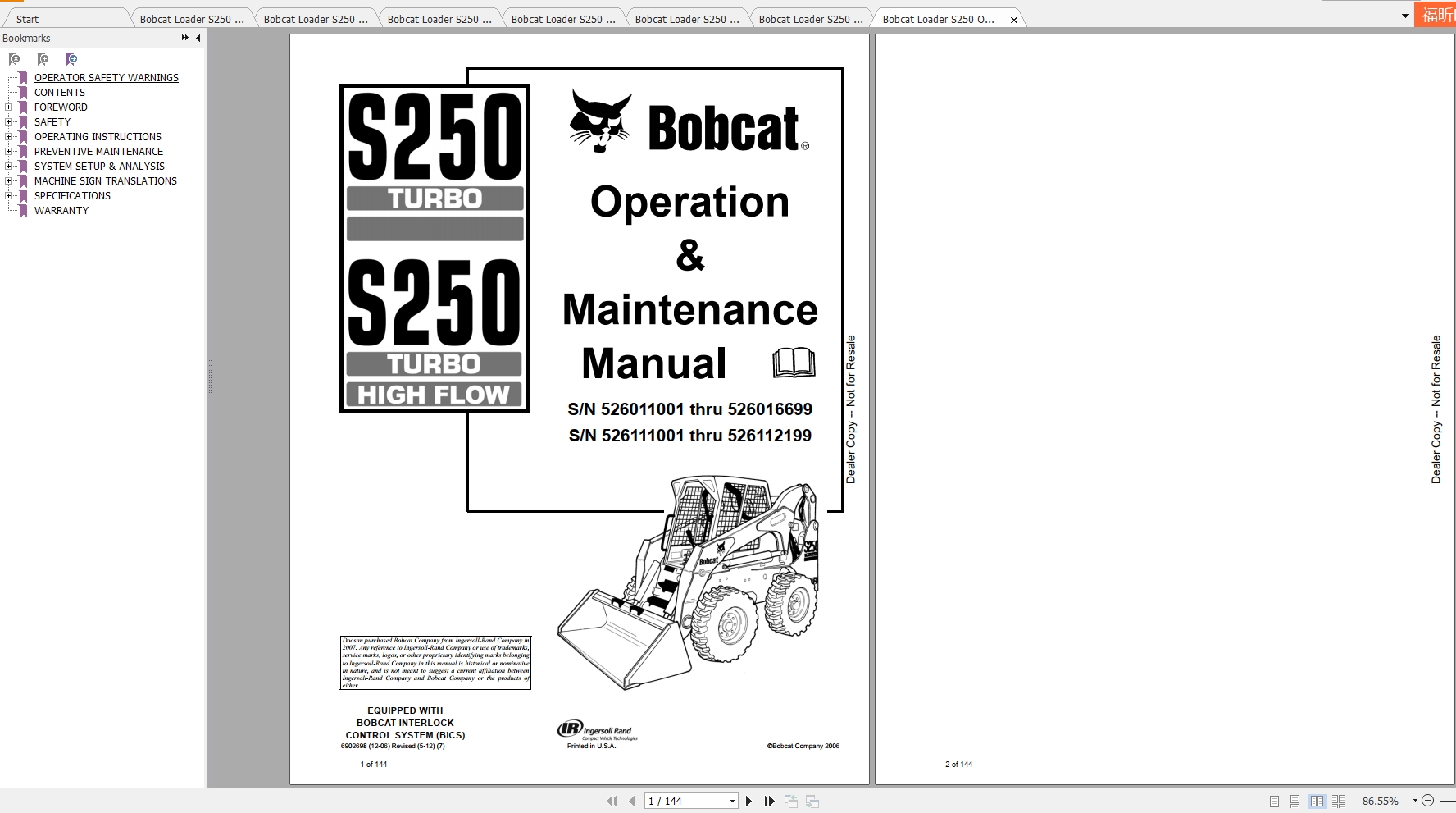 Bobcat Skid Steer Loader S250 Operaton Maintenance Manuals 1