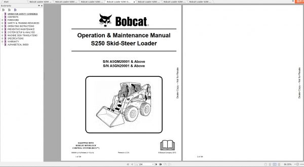 Bobcat Skid Steer Loader S250 Operaton Maintenance Manuals 2