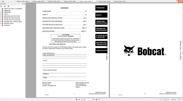 Bobcat Skid Steer Loader S250 Operaton Maintenance Manuals 3