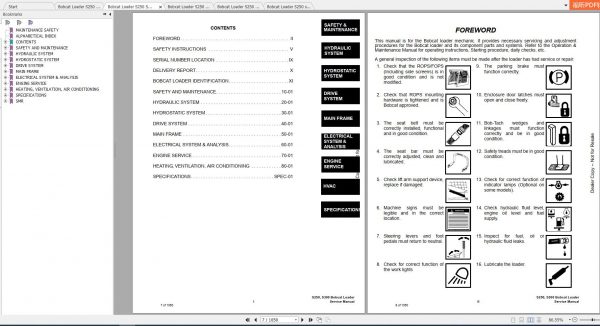 Bobcat Skid Steer Loader S250 S300 Service Manuals 2