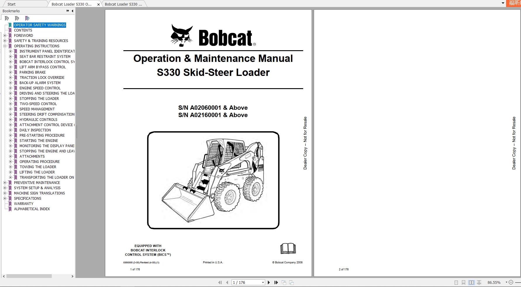 Bobcat Skid Steer Loader S330 Operaton Maintenance Manuals 1