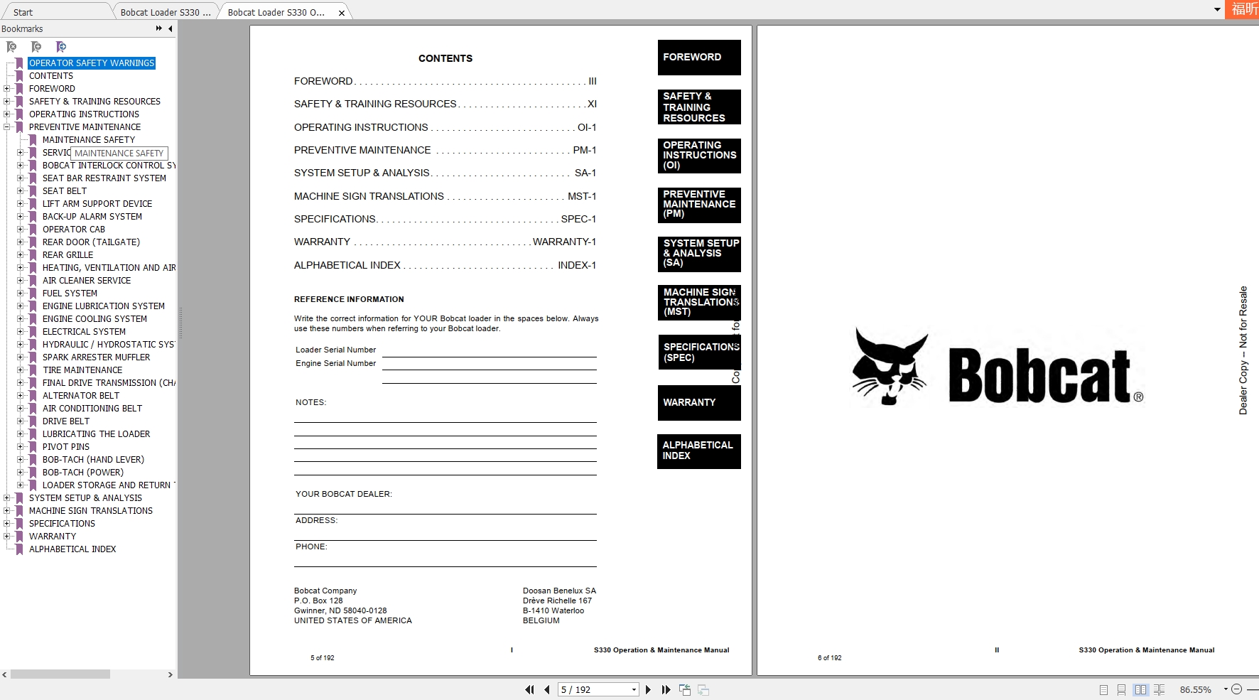 Bobcat SkidSteer Loader S330 Operation & Maintenance Manuals