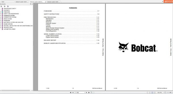 Bobcat Skid Steer Loader S330 Service Manuals 2