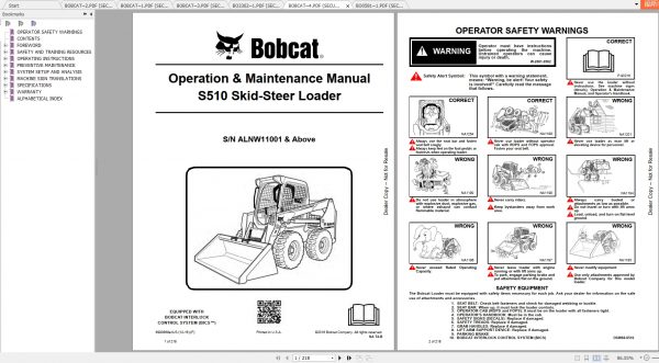Bobcat Skid Steer Loader S510 Operaton Maintenance Manuals 2