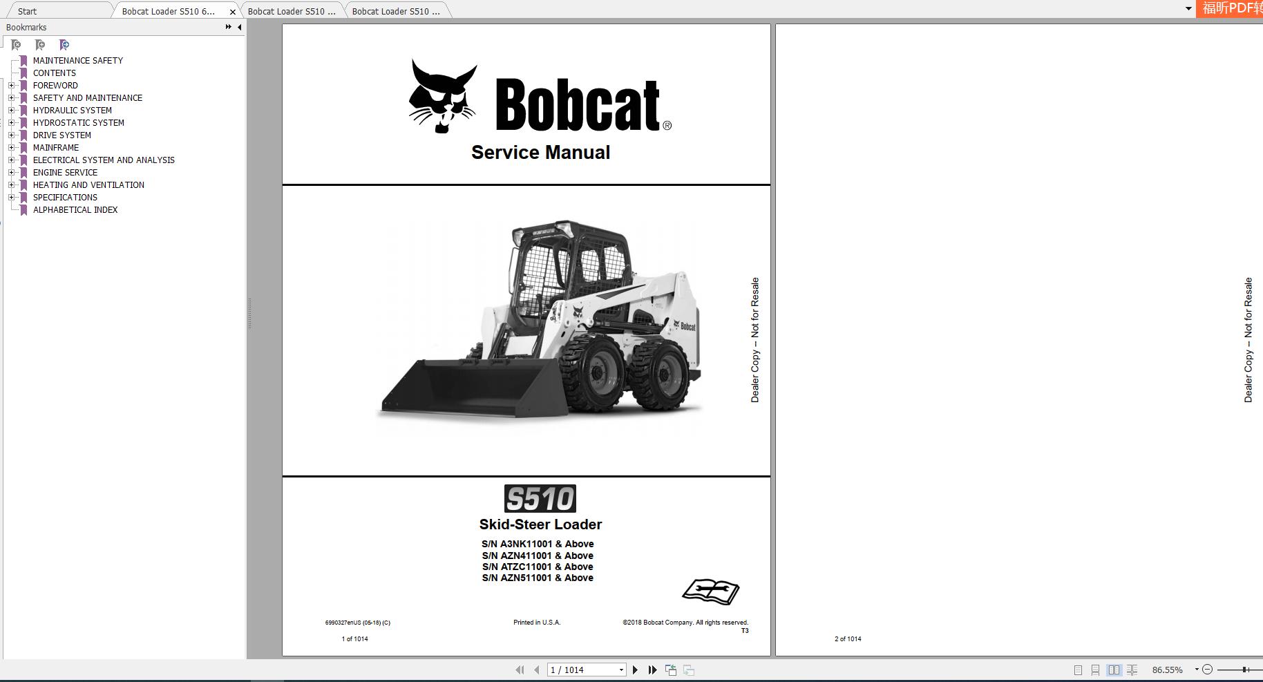 Bobcat Skid Steer Loader S510 Service Manuals 1
