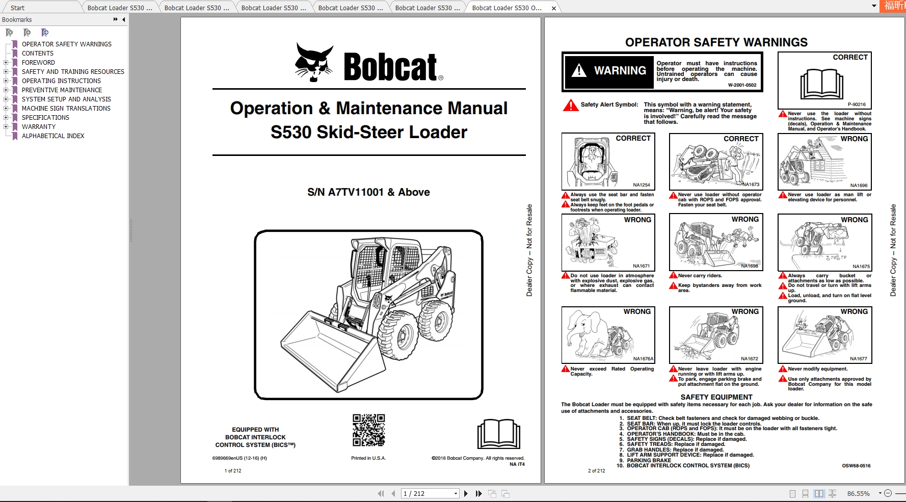 Bobcat Skid Steer Loader S530 Operaton Maintenance Manuals 1