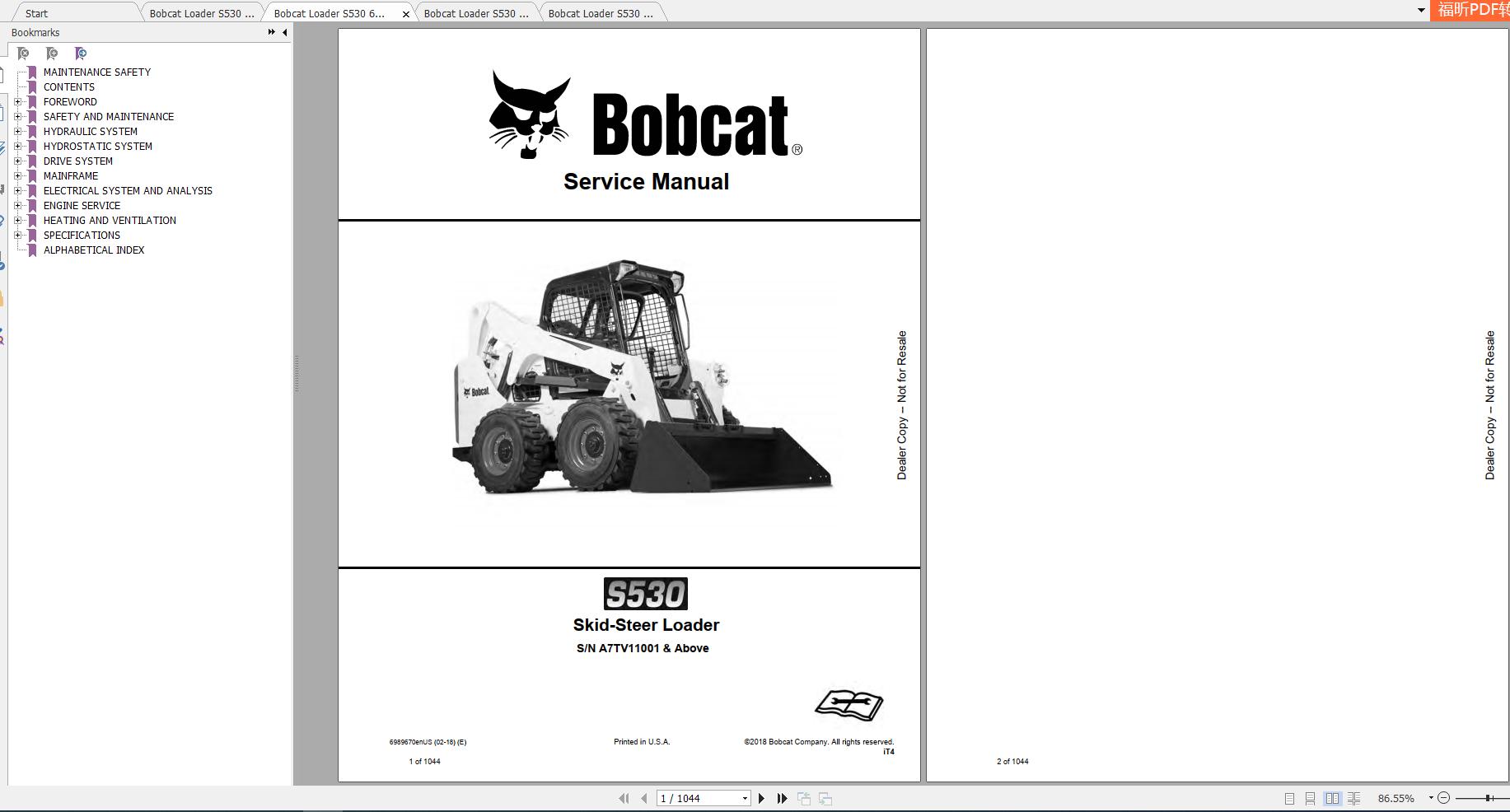 Bobcat Skid Steer Loader S530 Service Manuals 1