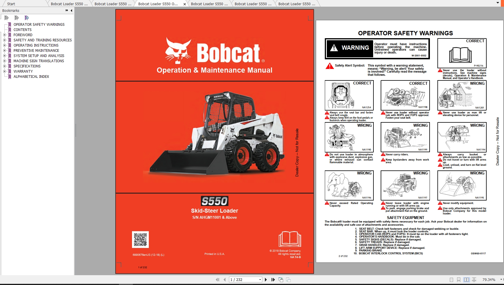 Bobcat Skid Steer Loader S550 Operaton Maintenance Manuals 1