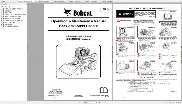 Bobcat Skid Steer Loader S550 Operaton Maintenance Manuals 2