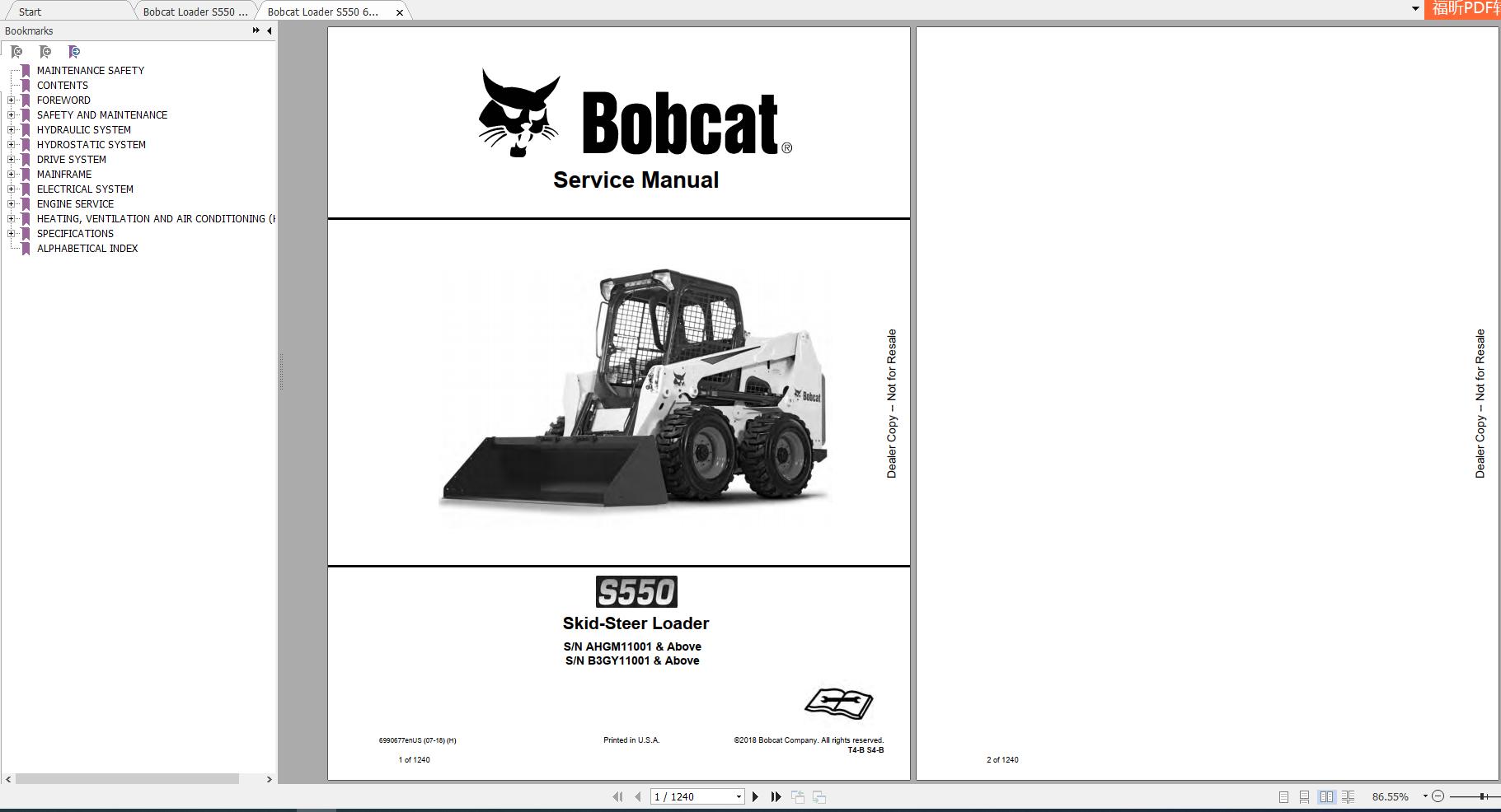 Bobcat Skid Steer Loader S550 Service Manuals 1