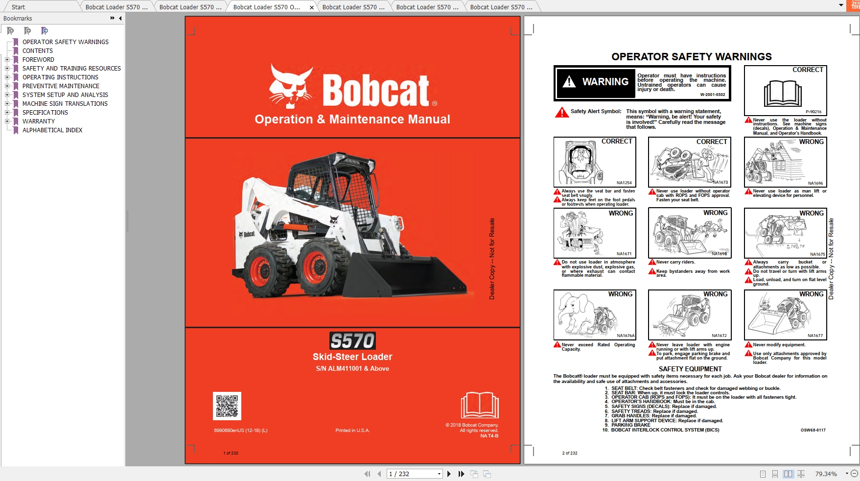 Bobcat Skid Steer Loader S570 Operaton Maintenance Manuals 1