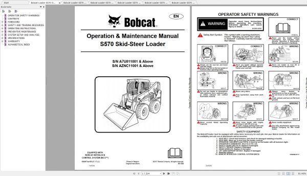 Bobcat Skid Steer Loader S570 Operaton Maintenance Manuals 2