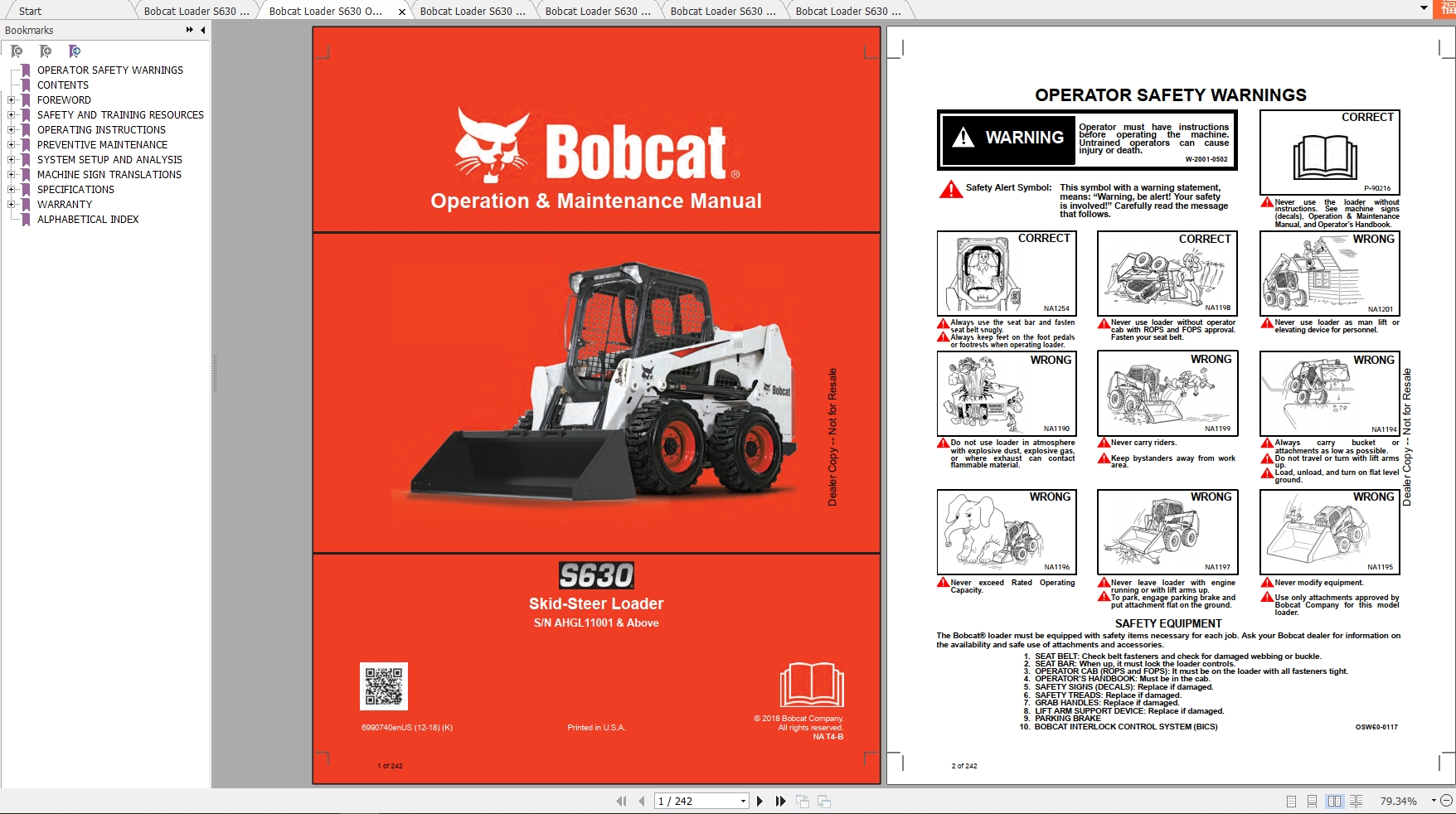 Bobcat Skid Steer Loader S630 Operaton Maintenance Manuals 1