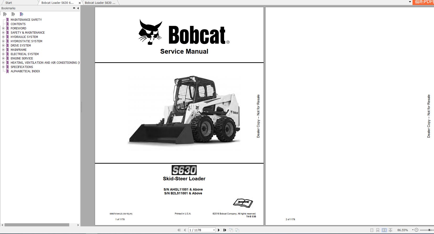 Bobcat Skid Steer Loader S630 Service Manuals 1