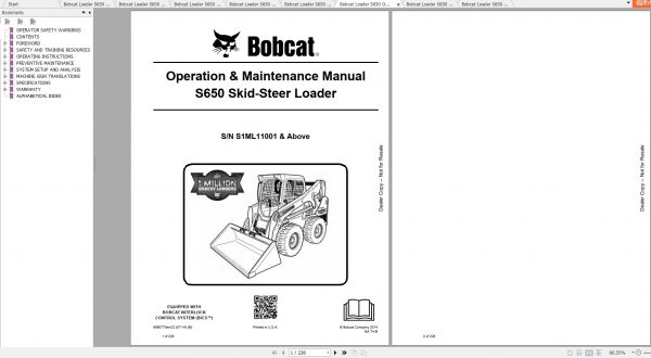 Bobcat Skid Steer Loader S650 Operaton Maintenance Manuals 3