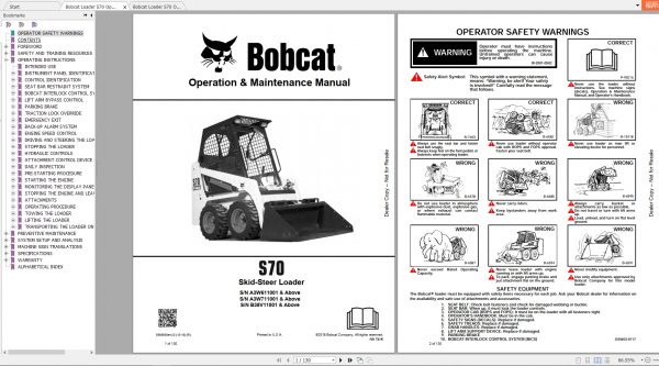 Bobcat Skid Steer Loader S70 Operaton Maintenance Manuals 1