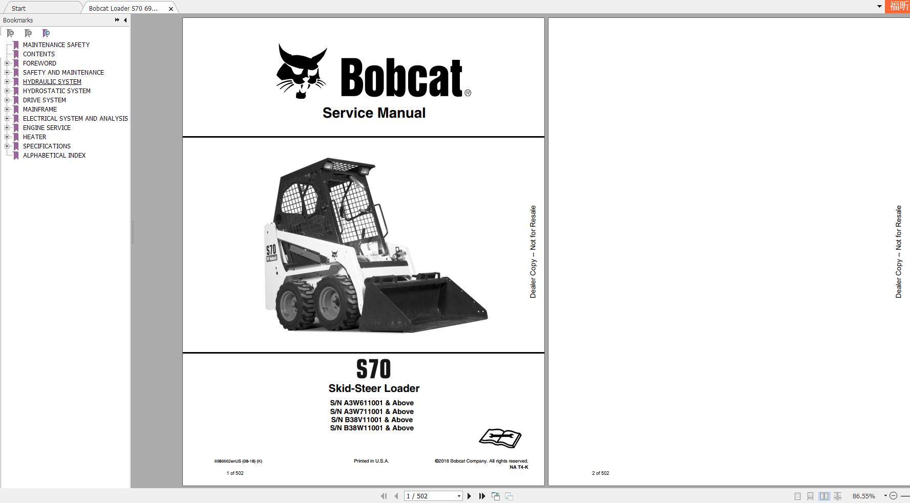 Bobcat Skid Steer Loader S70 Service Manual6986662 1