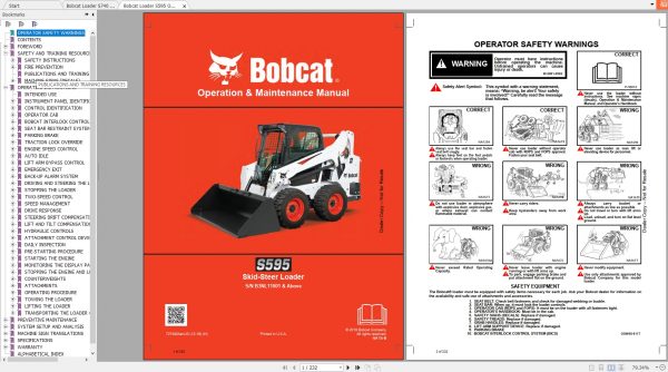 Bobcat Skid Steer Loader S740 S595 Operaton Maintenance Manuals 1