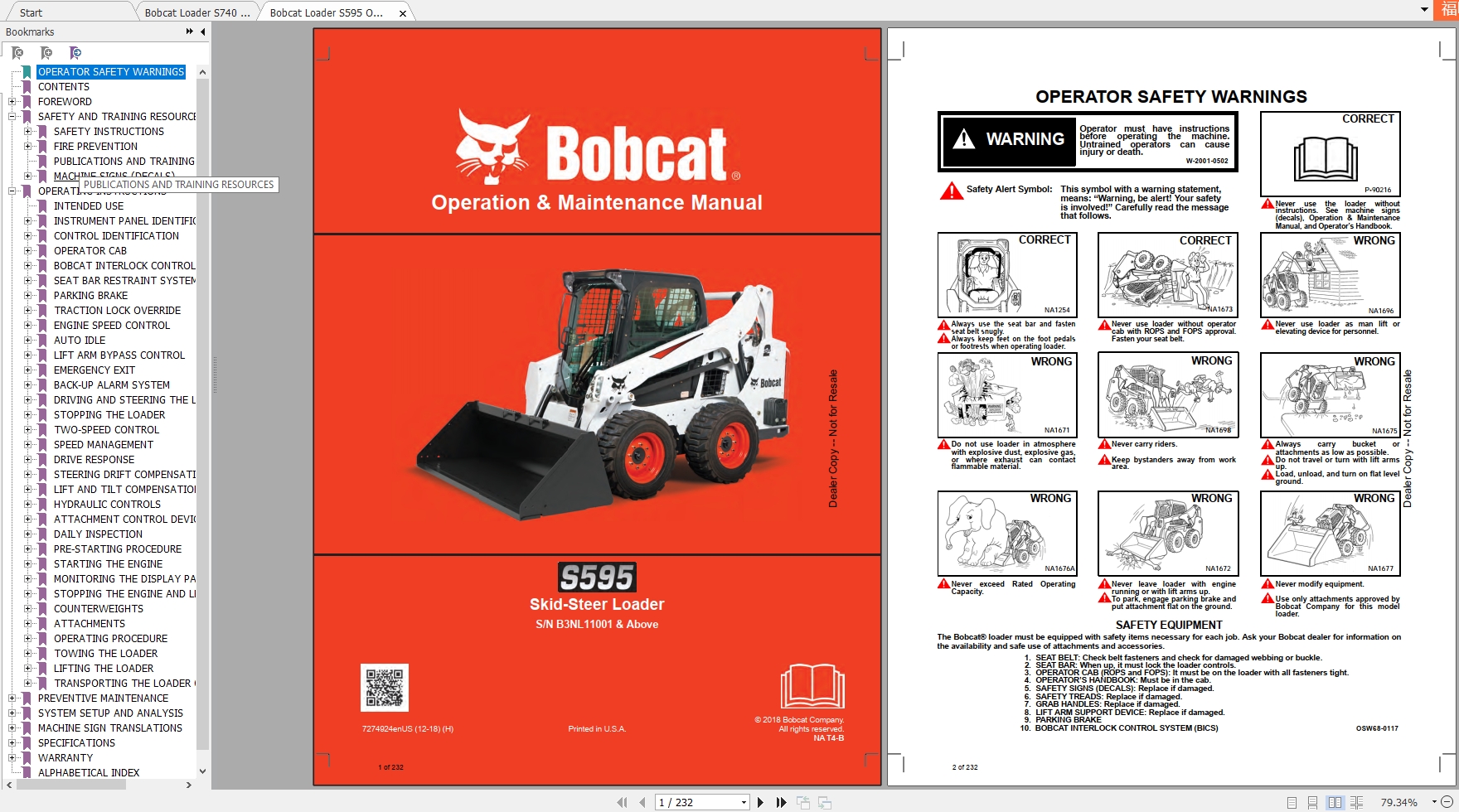Bobcat Skid Steer Loader S740 S595 Operaton Maintenance Manuals 1