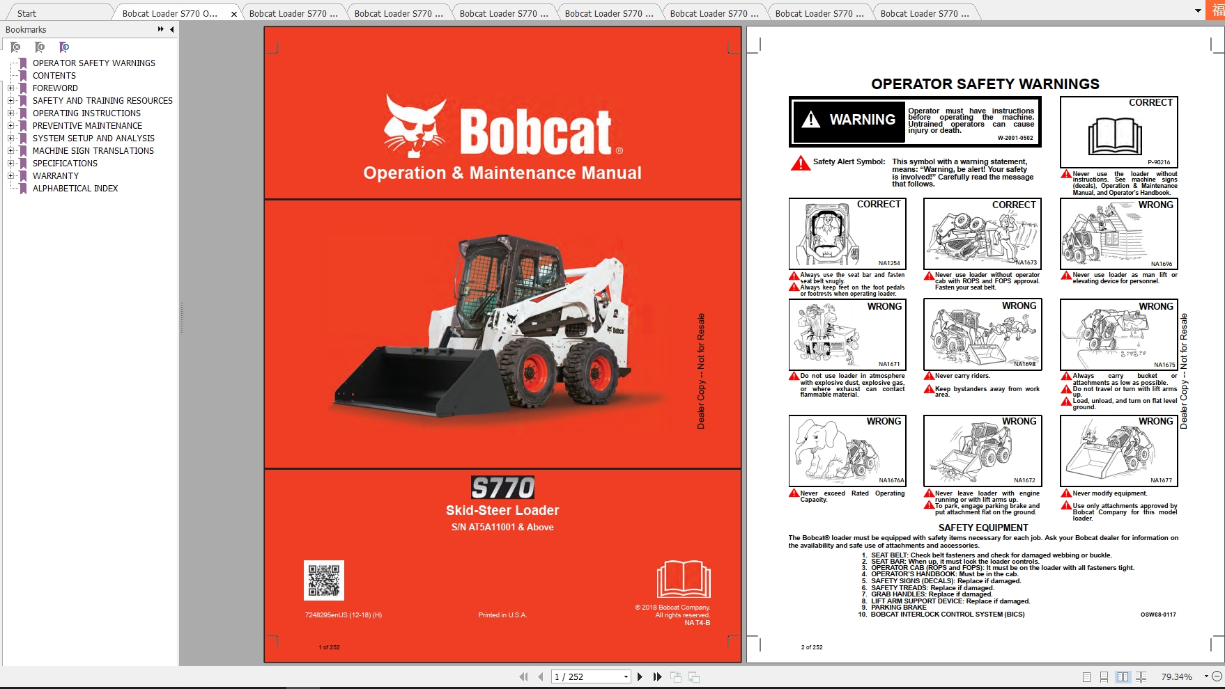Bobcat Skid Steer Loader S770 Operaton Maintenance Manuals 1