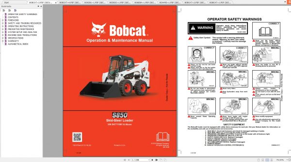 Bobcat Skid Steer Loader S850 Operaton Maintenance Manuals 1