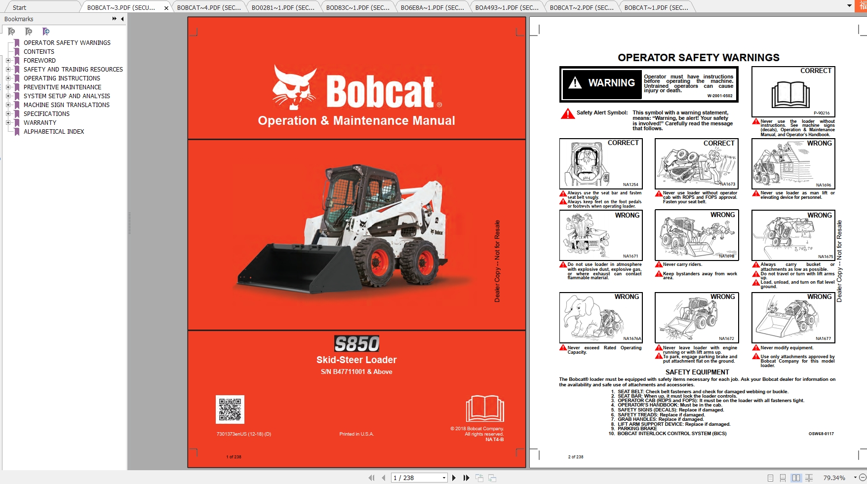 Bobcat Skid Steer Loader S850 Operaton Maintenance Manuals 1