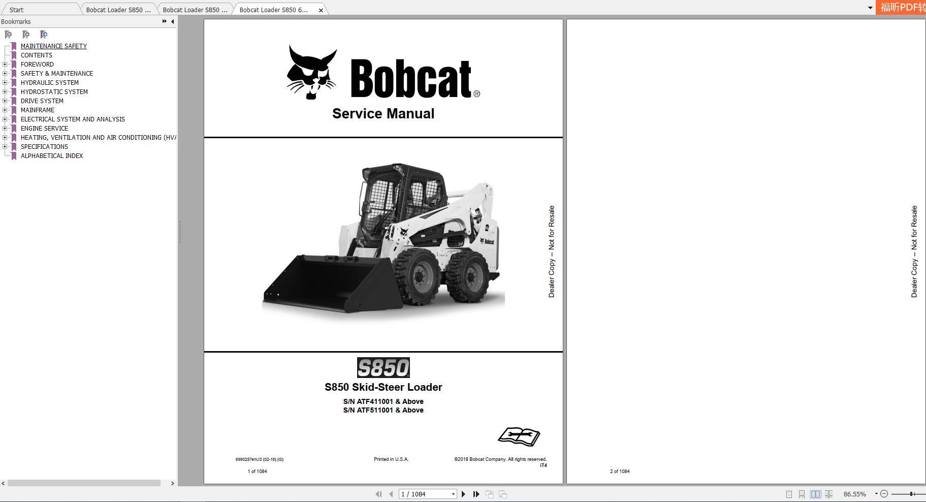 Bobcat Skid Steer Loader S850 Service Manuals 1