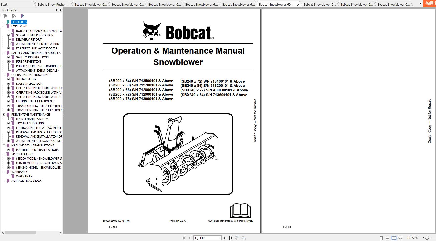 Bobcat Snowblower Operation Maintenance Manuals 1 1