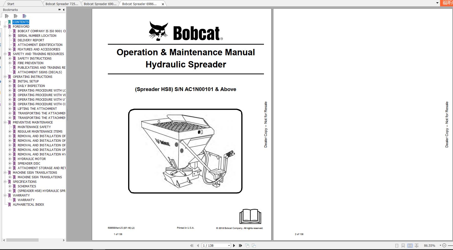 Bobcat Spreader Operation Maintenance Manuals 1