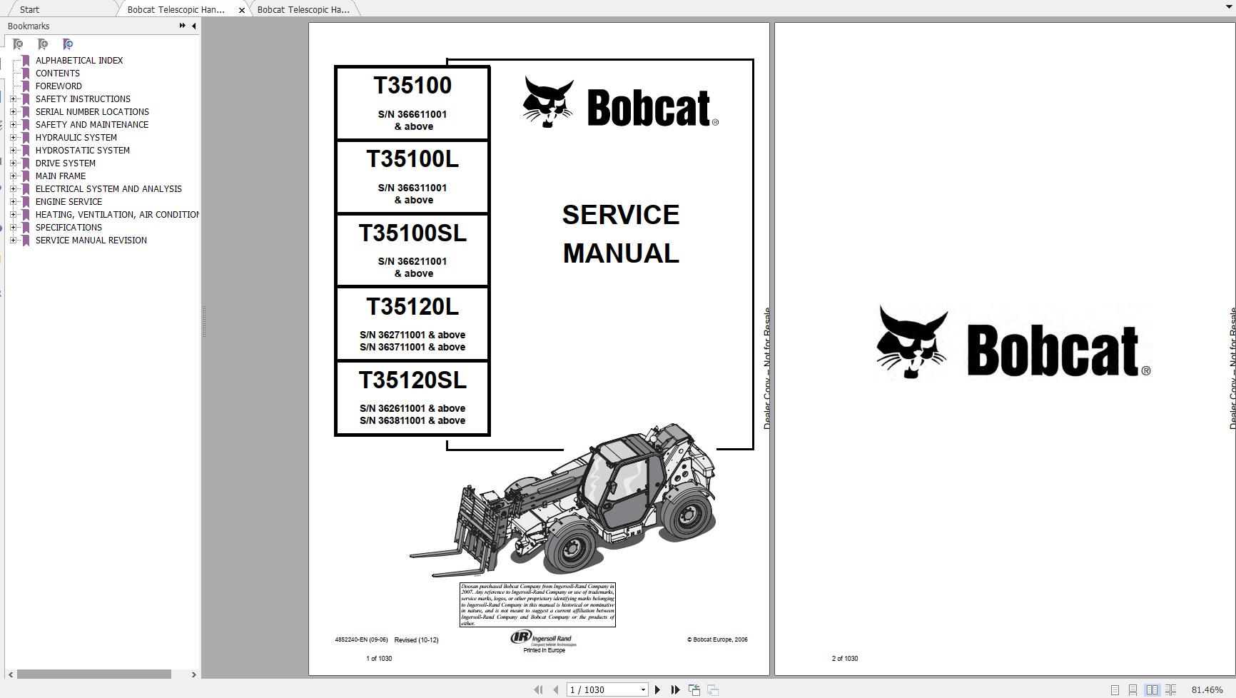 Bobcat Telescopic Handler T35100 T35120L Service Manuals 1