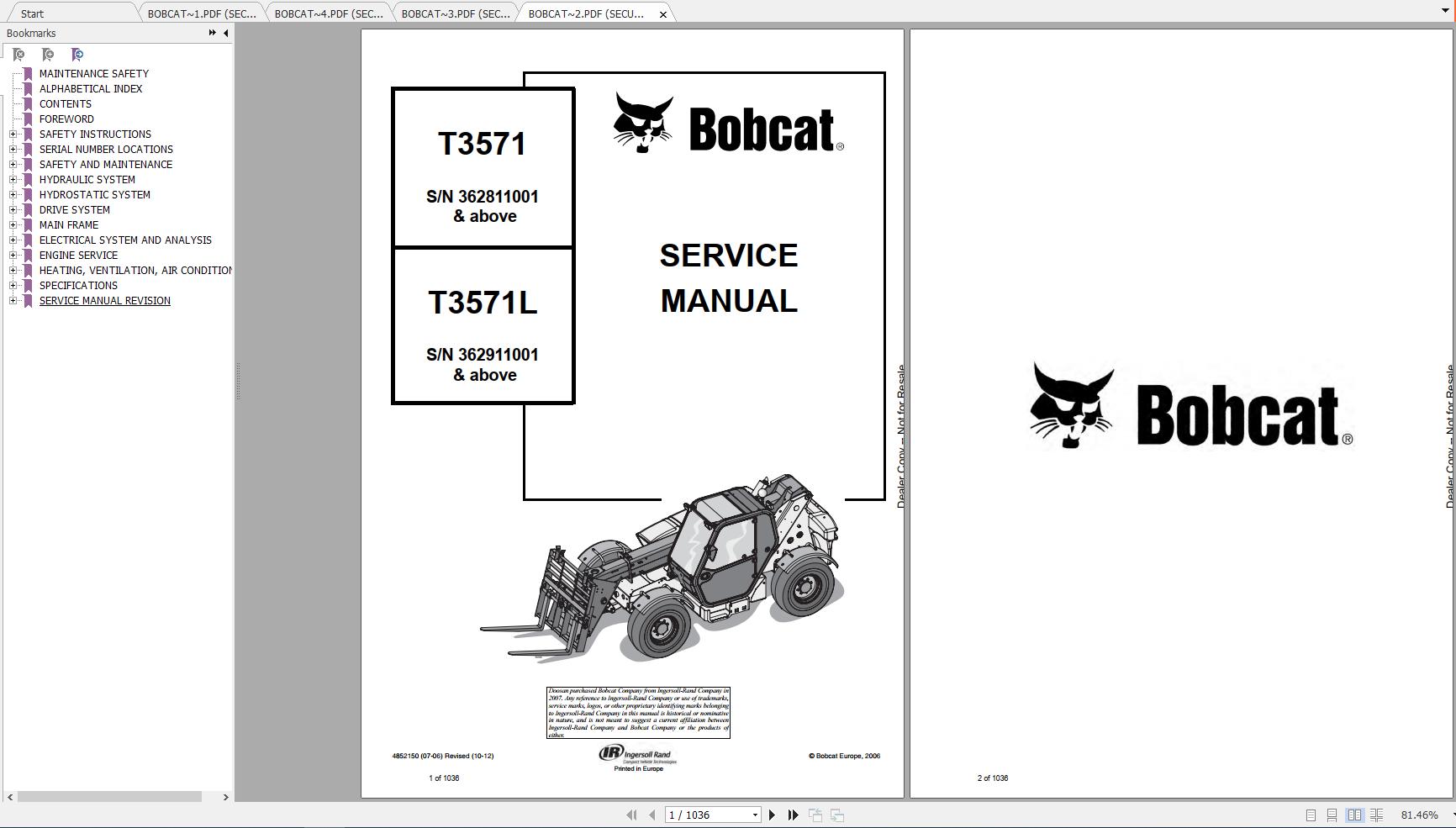 Bobcat Telescopic Handler T3571 T3571L Service Manuals 1