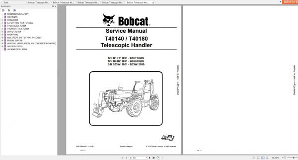 Bobcat Telescopic Handler T40140 T40170 T40180 Service Manuals 1