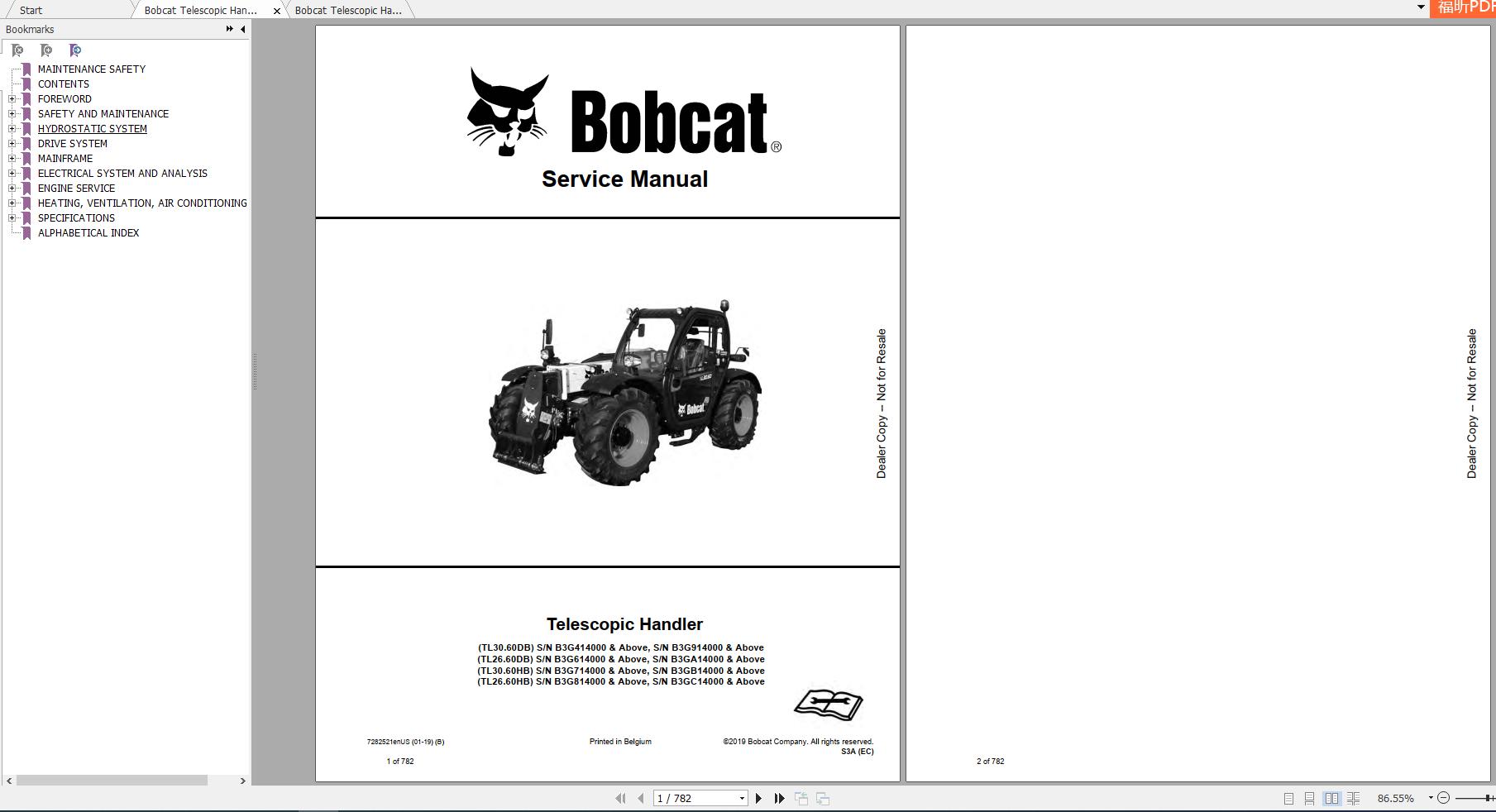 Bobcat Telescopic Handler TL2660 TL3060 Service Manuals 1