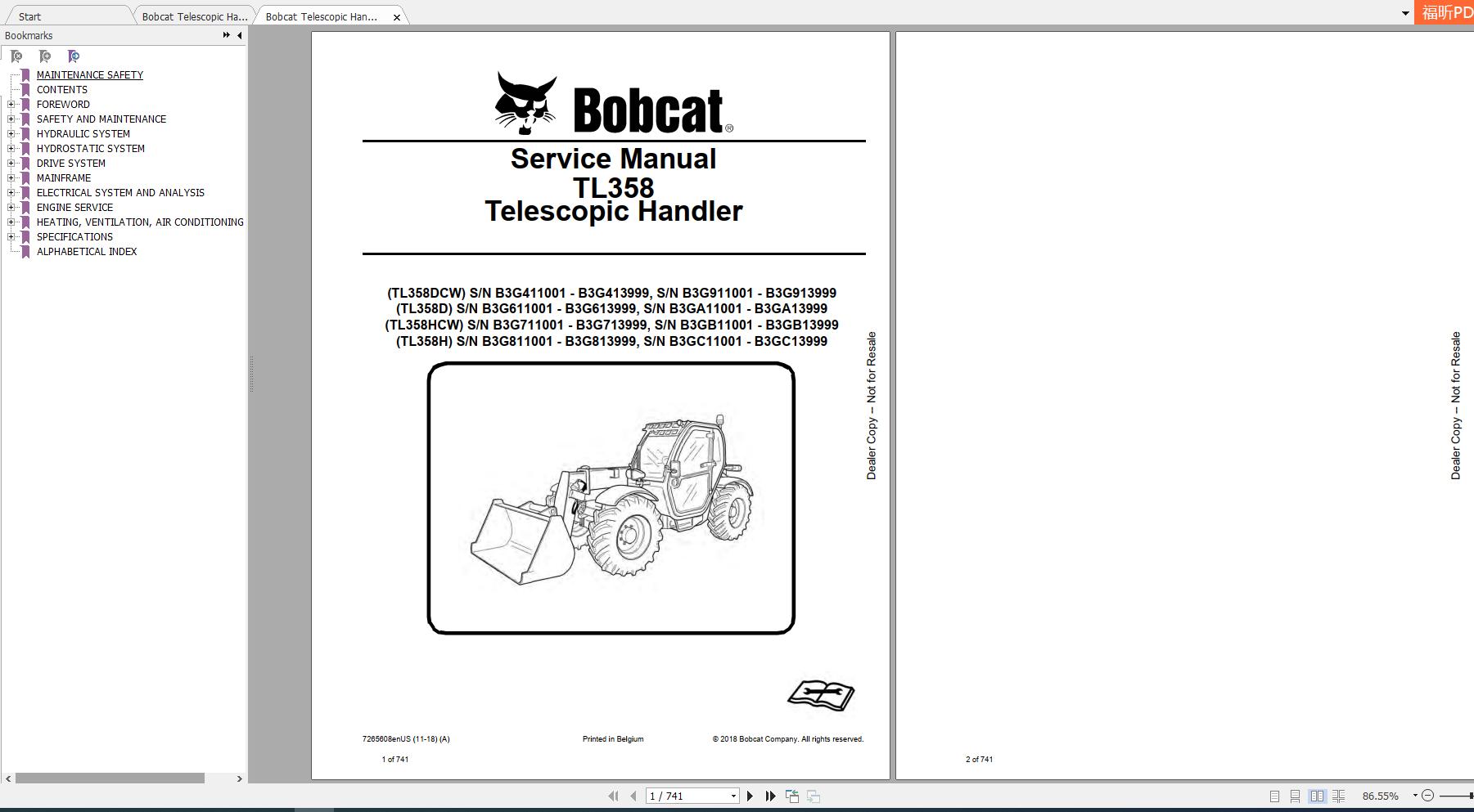 Bobcat Telescopic Handler TL358 Service Manuals 1