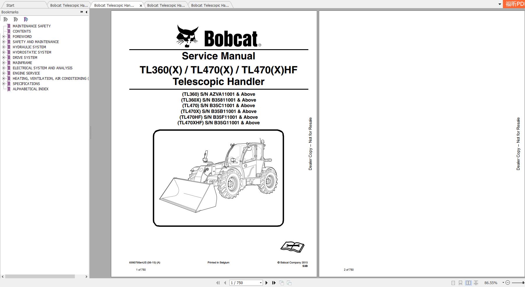 Bobcat Telescopic Handler TL3609X TL470X TL470XHF Service Manuals 1