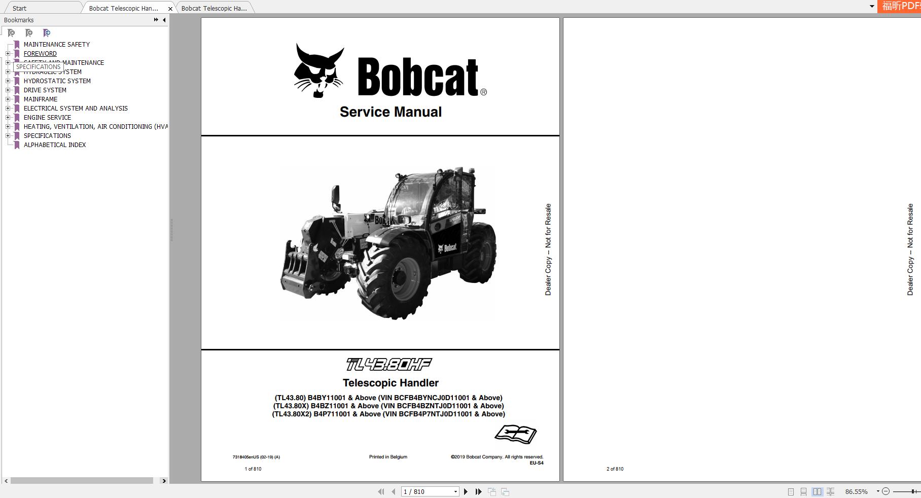 Bobcat Telescopic Handler TL4380 Service Manuals 1