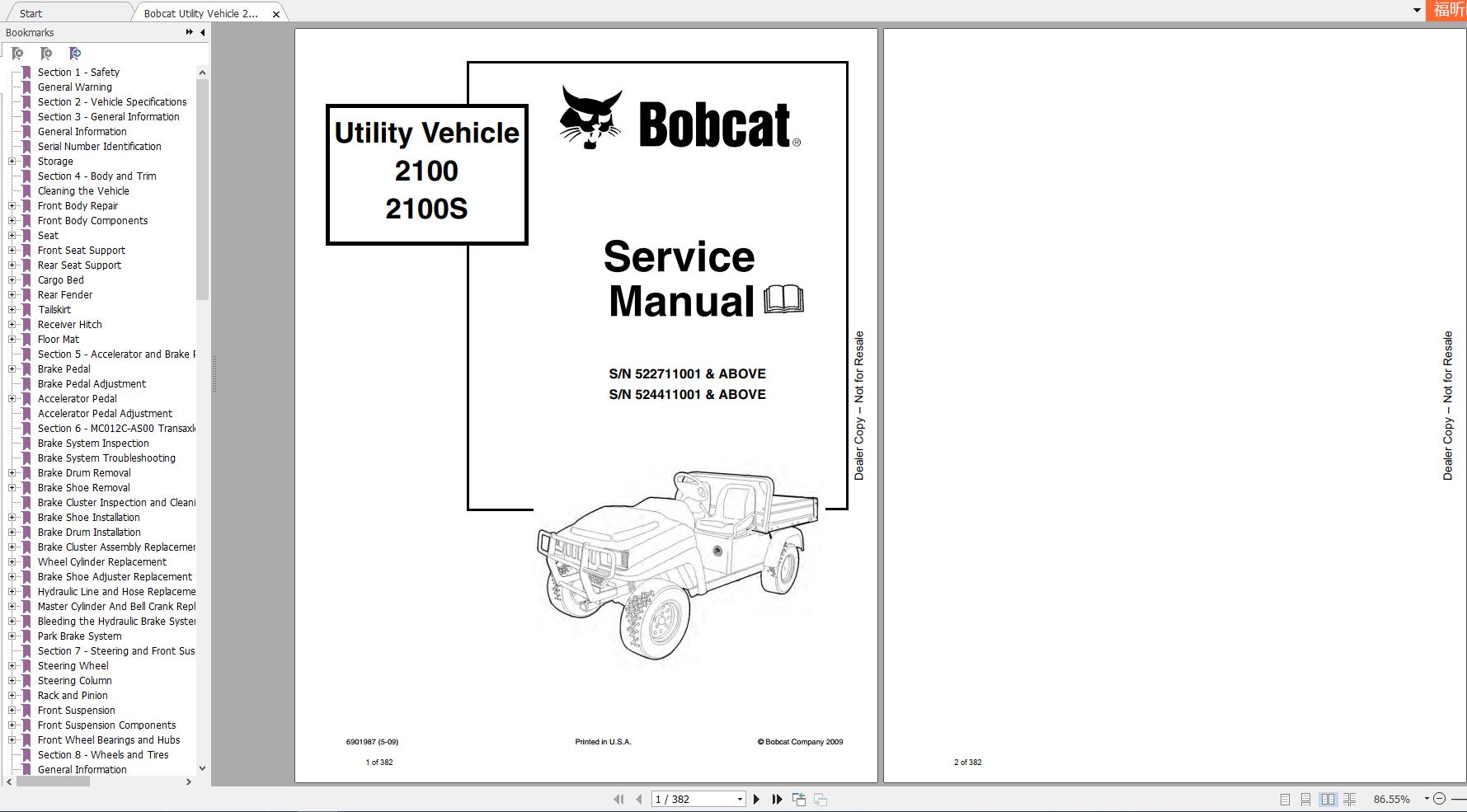 Bobcat Utility Vehicle 2100 2100S Service Manual6901987 1