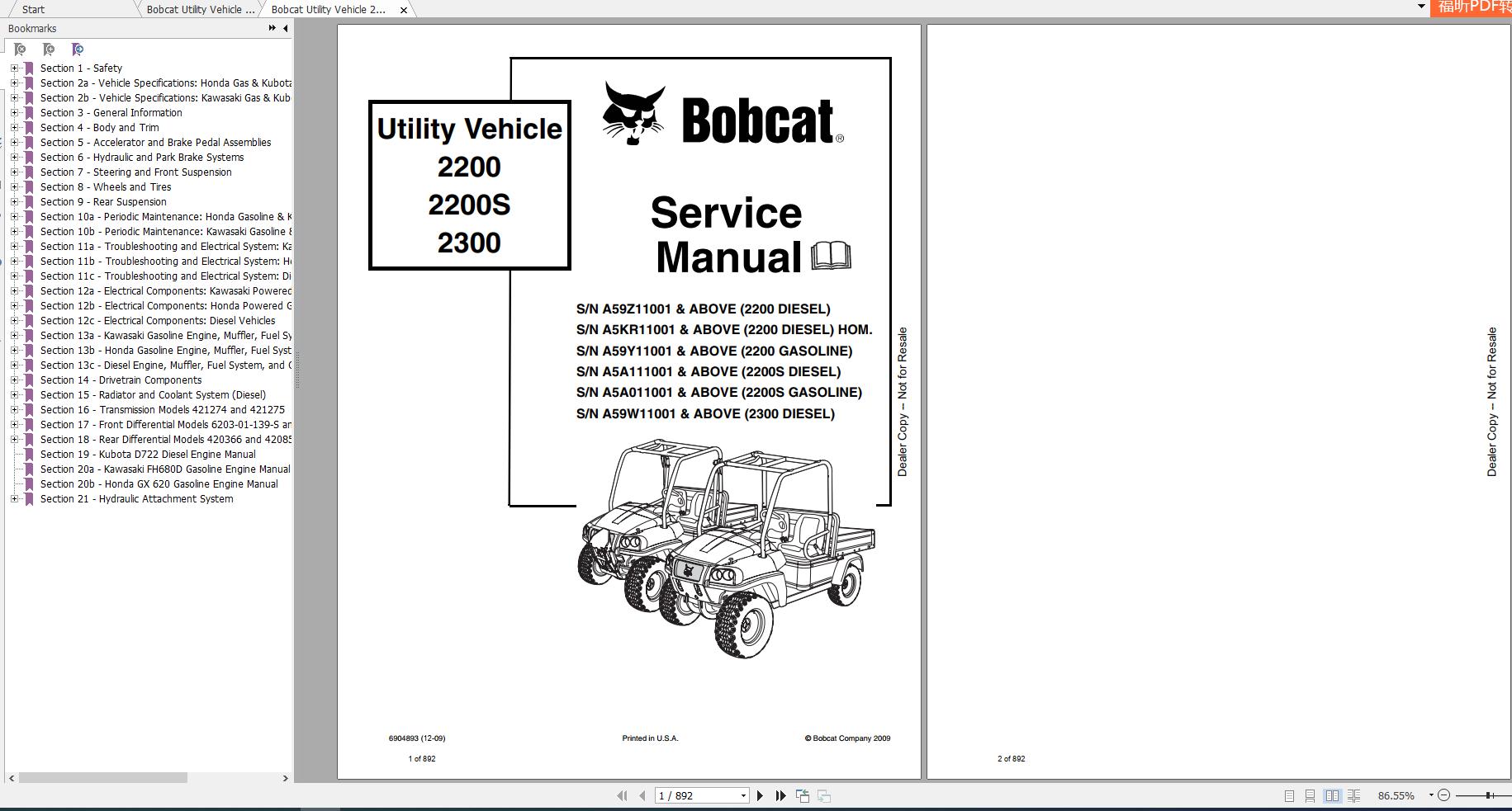 Bobcat Utility Vehicle 2200 2300 Service Manuals 1
