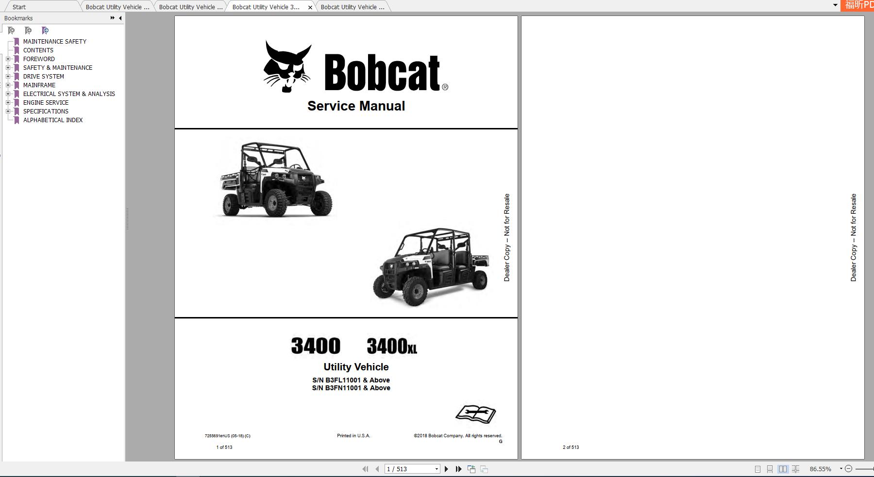 Bobcat Utility Vehicle 3400 3400XL Service Manuals 1