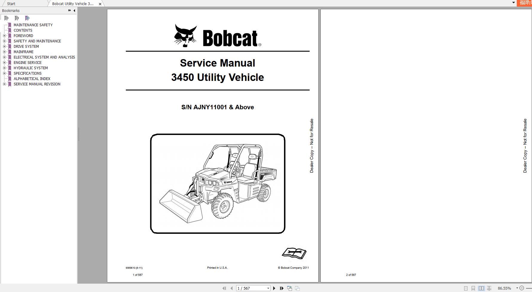 Bobcat Utility Vehicle 3450 Service Manual6989610 1