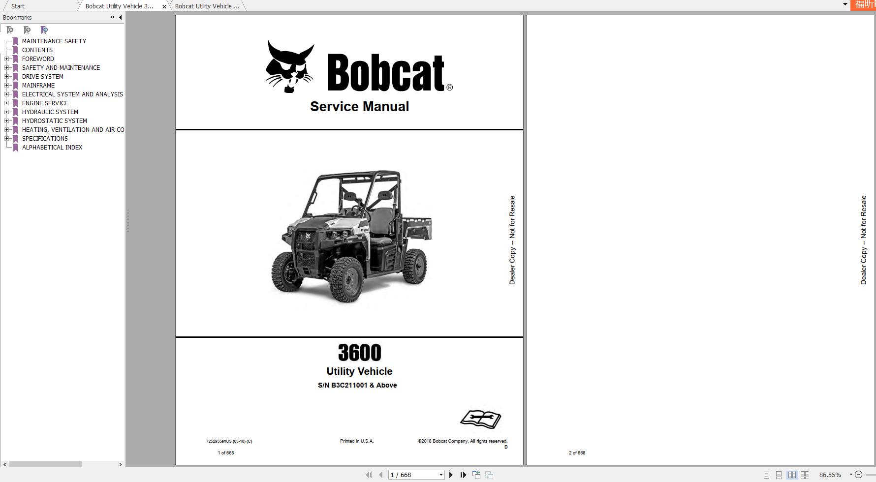 Bobcat Utility Vehicle 3600 Service Manuals 1