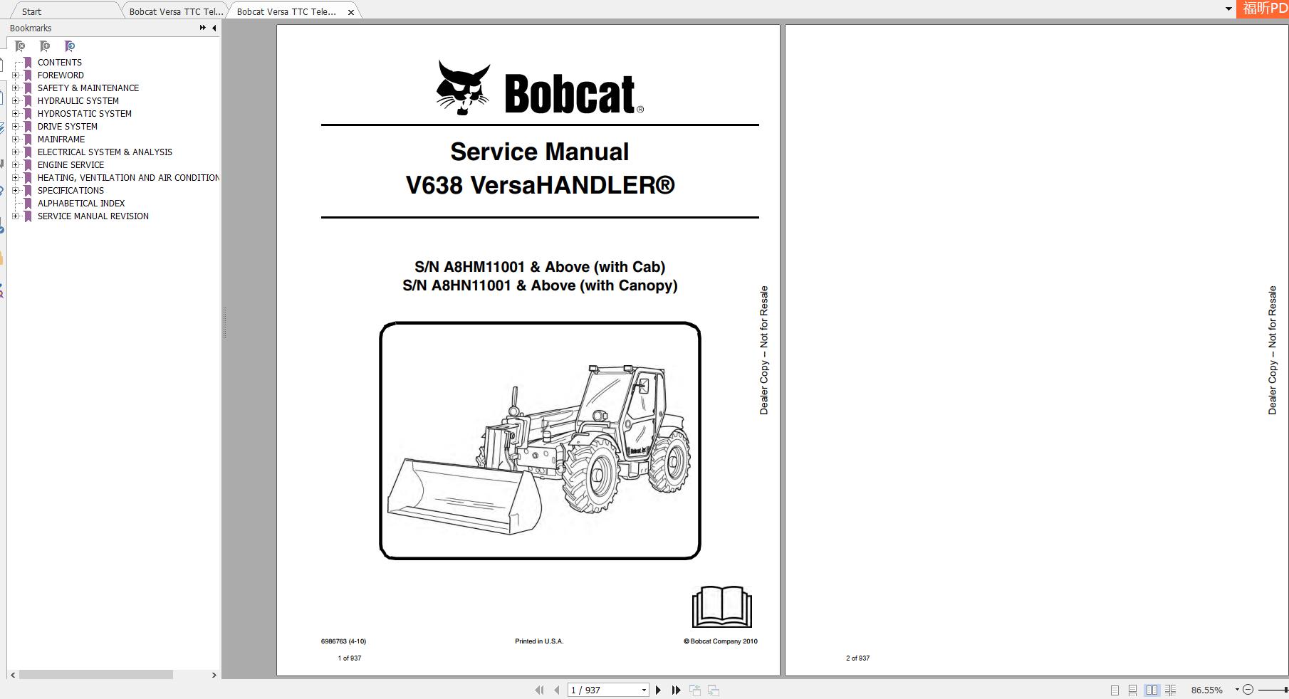 Bobcat VersaHANDLER® TTC Telescopic Handler V638 Service Manuals 1