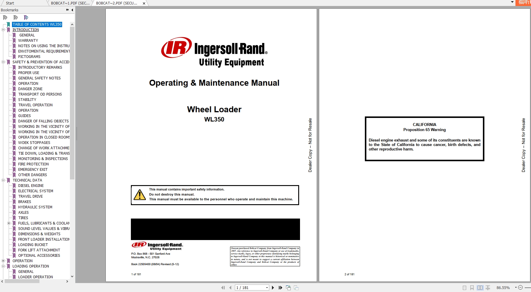 Bobcat Wheel Loader WL350A Operating Maintenance Manuals 1