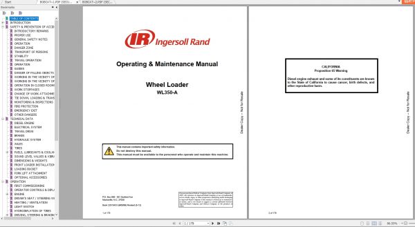 Bobcat Wheel Loader WL350A Operating Maintenance Manuals 2