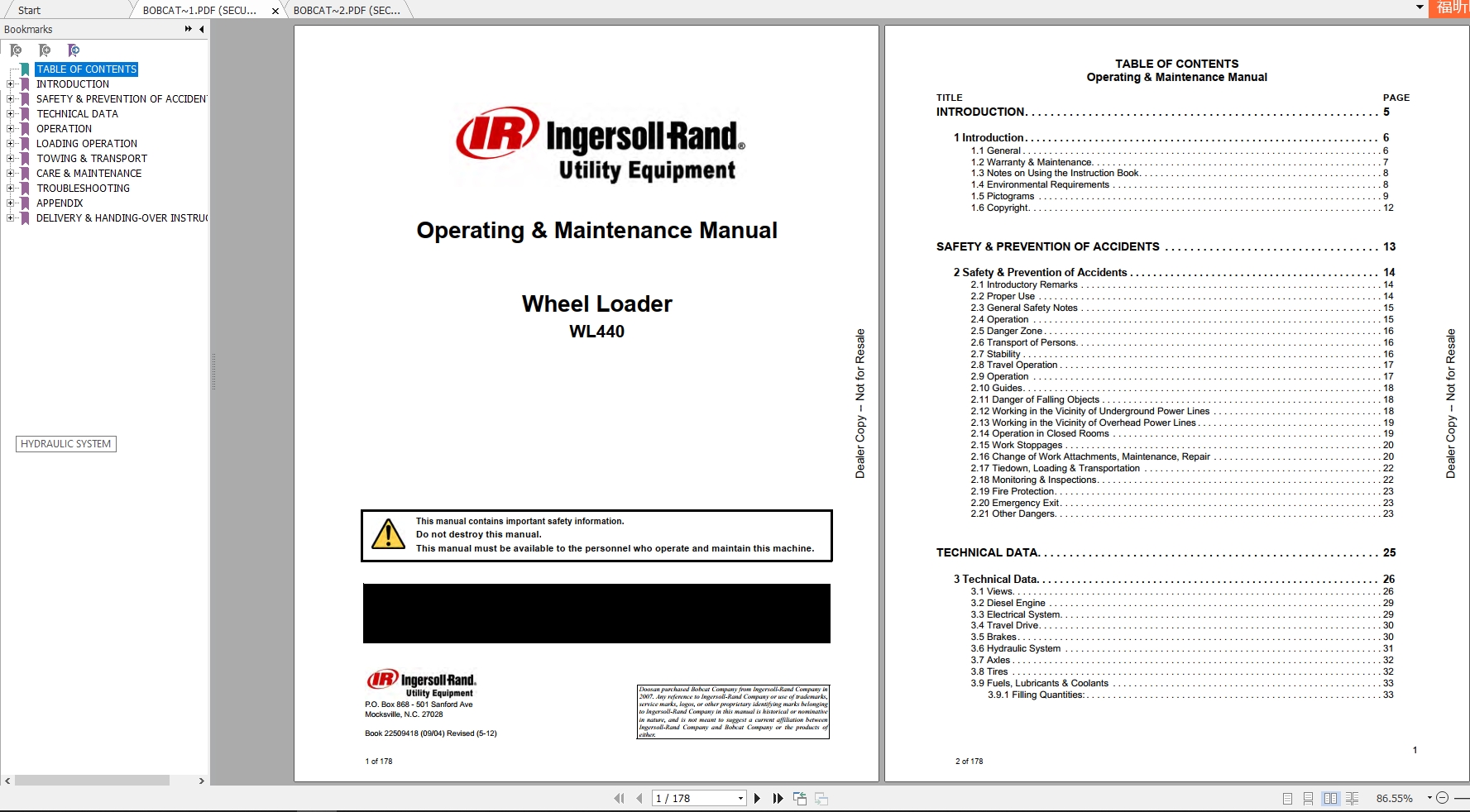 Bobcat Wheel Loader WL440A Operating Maintenance Manuals 1