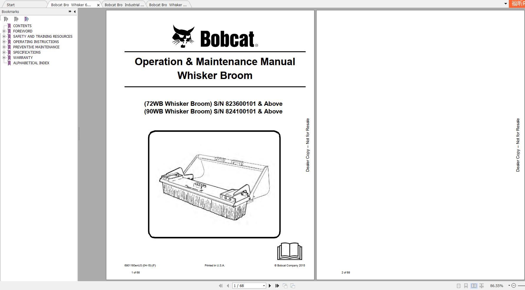 Bobcat Whisker Broom 72WB 90WB Operation Maintenance Manuals 1