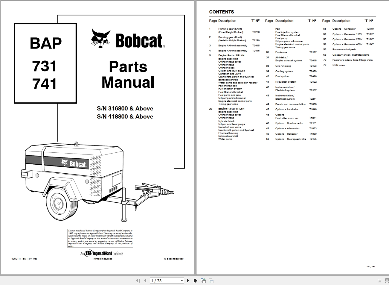 Bobcat BAP Compressor 731 741 Parts Manual4950114 1
