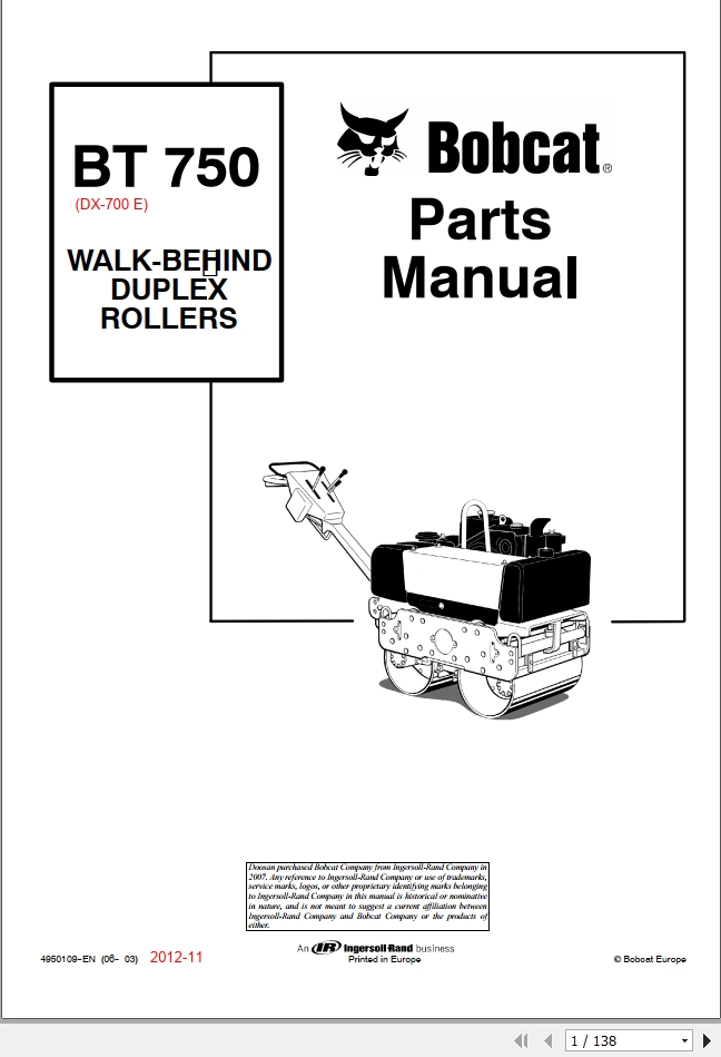 Bobcat BT Walk Behind Duplex Rollers BT750 DX700E Parts Manual4950109 1