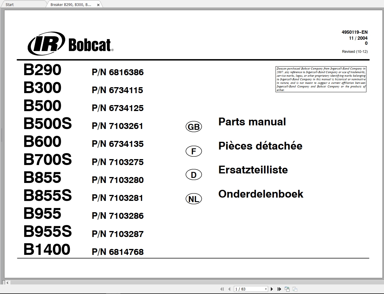Bobcat Breaker B290 till B1400 Parts Manual4950119EN 1